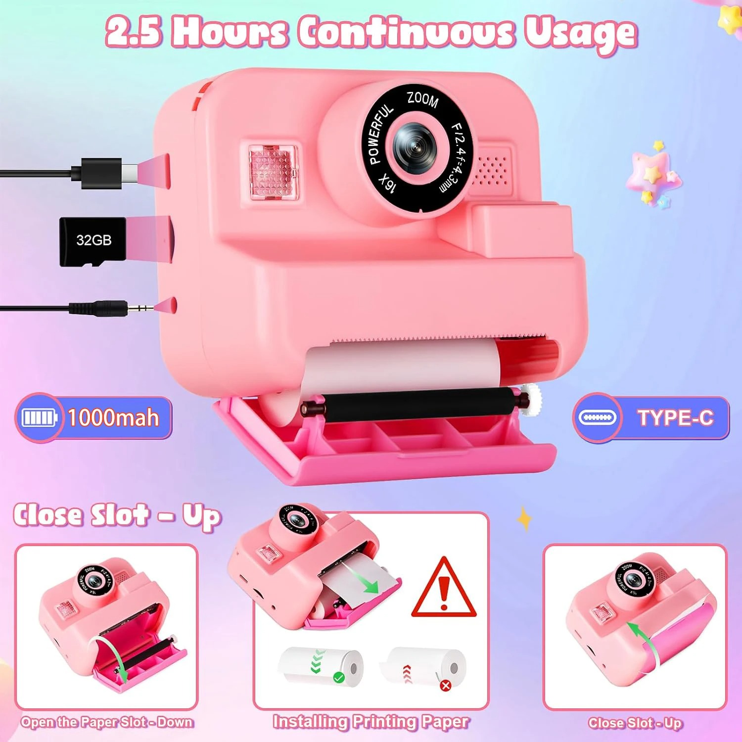 NewInstant 인쇄 카메라 32G 카드 열 사진  - Kids Education News 리뷰 및 가격
